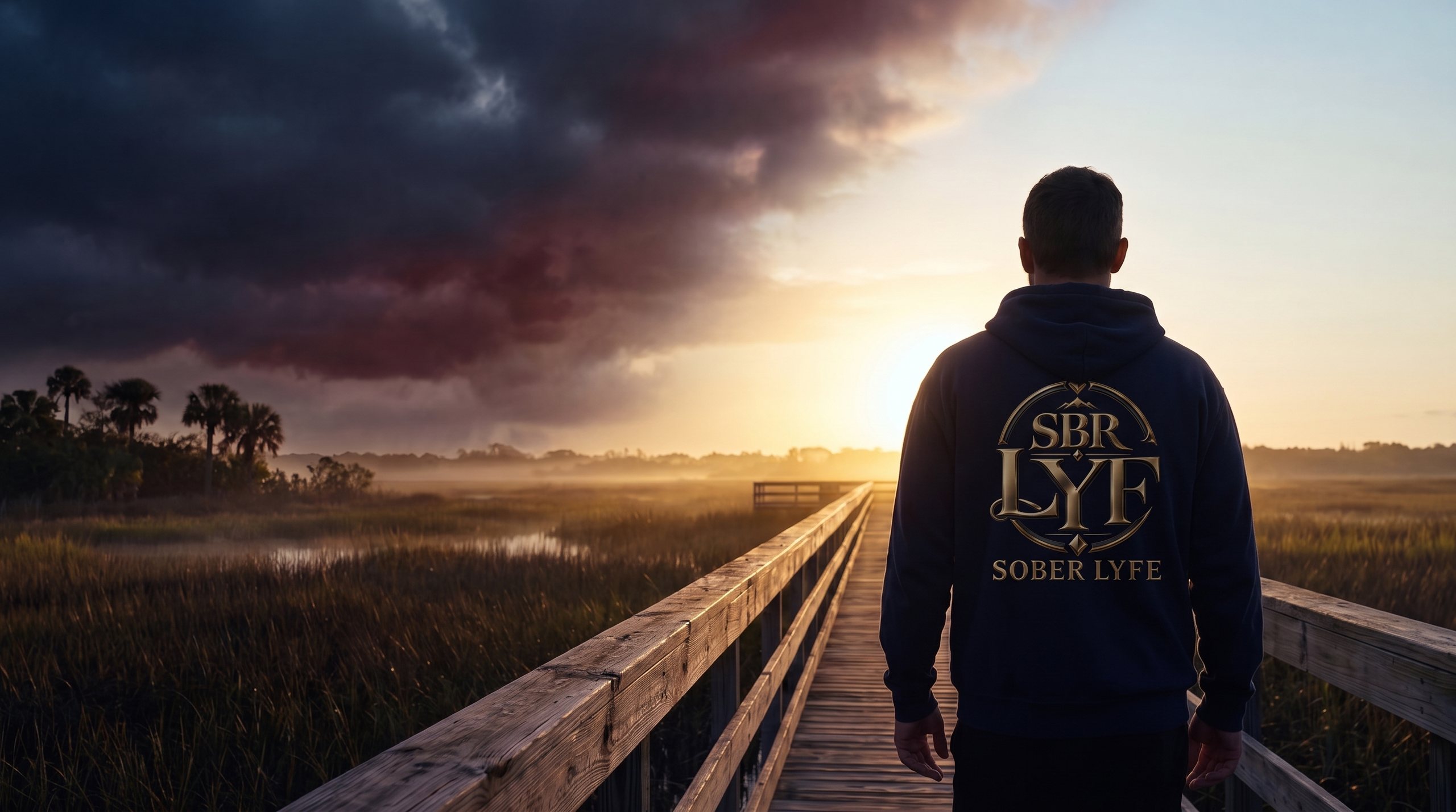 A man walking out of darkness into the sunrise on a wooden boardwalk, wearing a Sober Lyfe hoodie