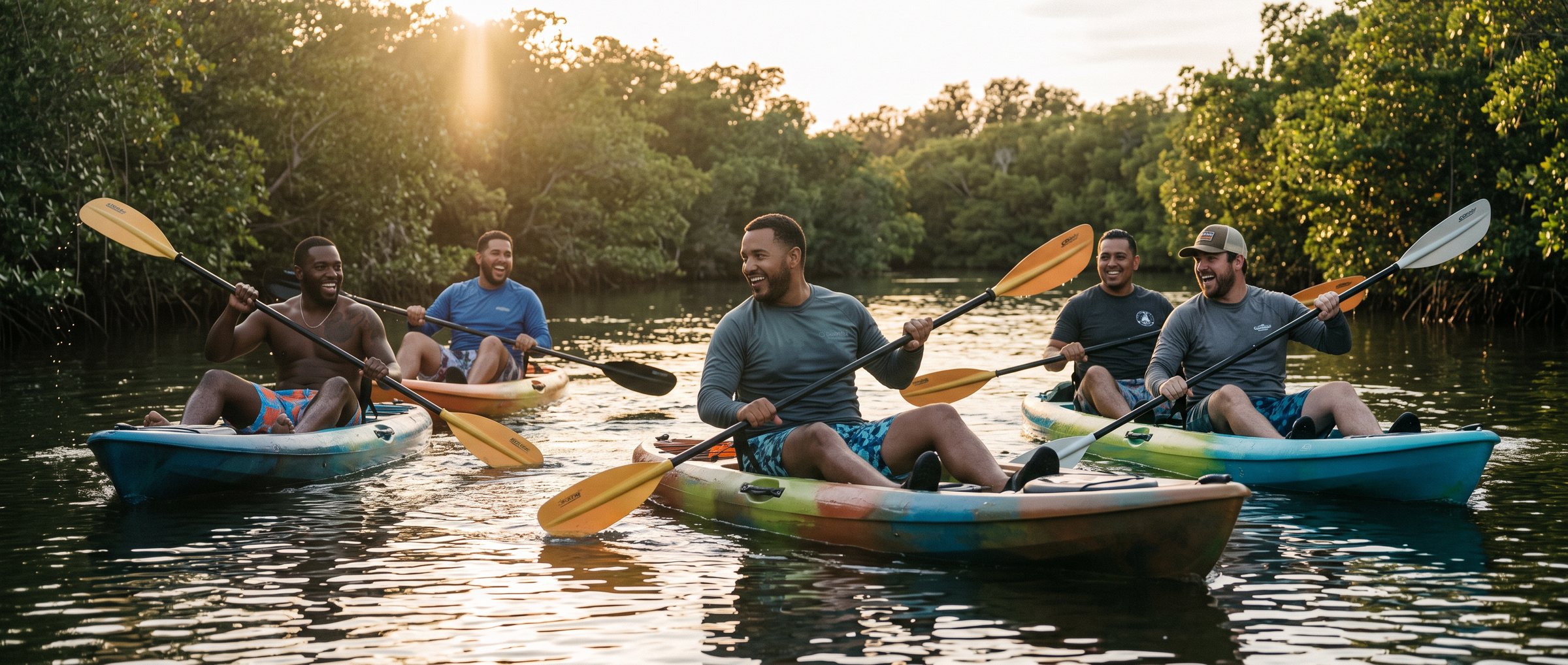 Sober Lyfe clients kayaking together in Tampa Bay at golden hour