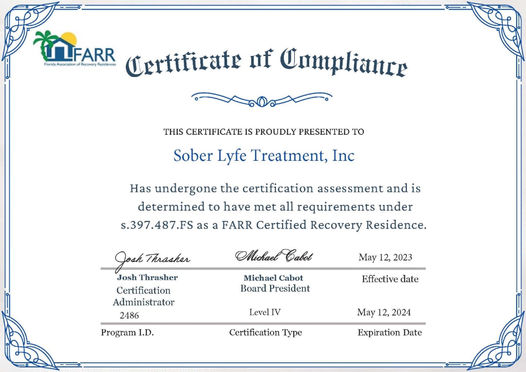Sober Lyfe Treatment - Certificate of Compliance